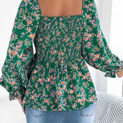 Floral Square Neck Flounce Sleeve Blouse - MimiStylez