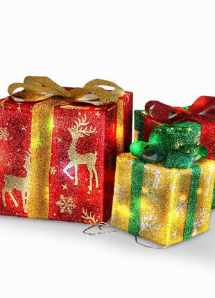 Star-Deer Pattern Options -- Set Of 3 Christmas Lighted Gift Boxes Xmas Present Ornament 50 LED Christmas Box Decorations With Ribbon Bows IP44 Waterproof Battery Powered For Indoor Outdoor Decor
