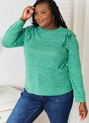 Double Take Ruffle Shoulder Long Sleeve T-Shirt - MimiStylez