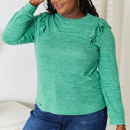 Double Take Ruffle Shoulder Long Sleeve T-Shirt - MimiStylez