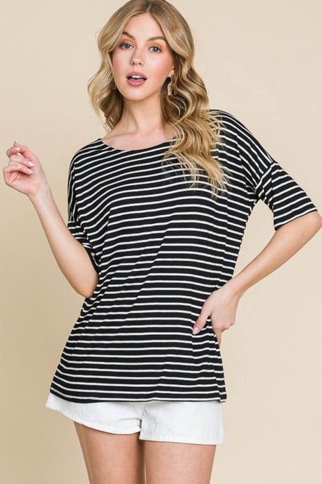 BOMBOM Striped Round Neck T-Shirt - MimiStylez