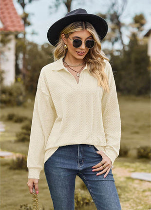 Collared Neck Cable-Knit Long Sleeve Blouse - MimiStylez
