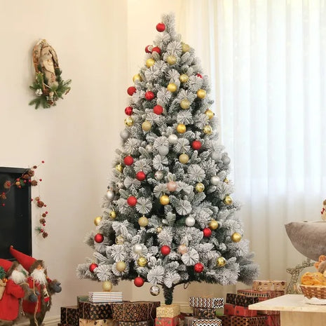 6.5 Ft Pre-Lit Flocked Christmas Tree With 350 Clear Lights And 1107 Tips, With Metal Stand, Hinged Xmas Tree