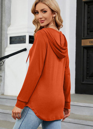 Decorative Button Drawstring Long Sleeve Hoodie - MimiStylez