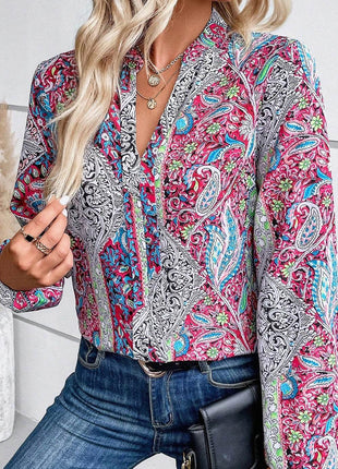 Printed Notched Long Sleeve Shirt - MimiStylez