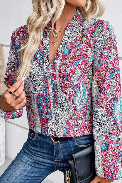 Printed Notched Long Sleeve Shirt - MimiStylez