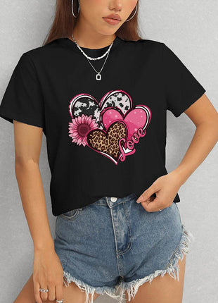 Heart Round Neck Short Sleeve T-Shirt - MimiStylez