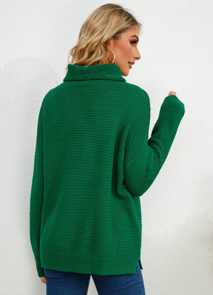 Slit Turtleneck Dropped Shoulder Sweater - MimiStylez