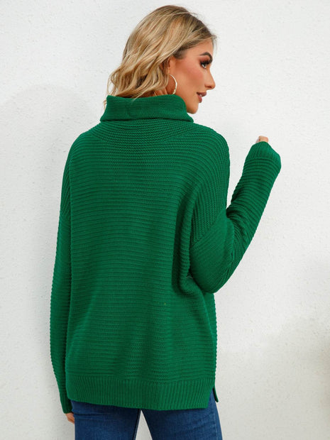 Slit Turtleneck Dropped Shoulder Sweater - MimiStylez