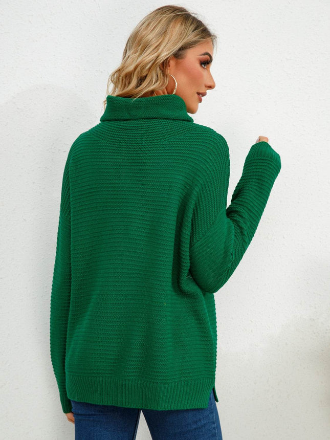 Slit Turtleneck Dropped Shoulder Sweater - MimiStylez