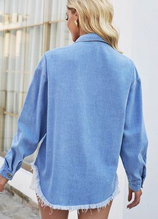 Pearl Detail Pocketed Button Up Denim Jacket - MimiStylez