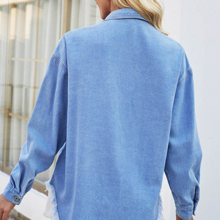 Pearl Detail Pocketed Button Up Denim Jacket - MimiStylez