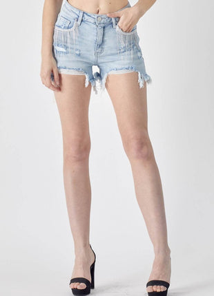 RISEN Frayed Hem Denim Shorts with Fringe Detail Pockets - MimiStylez