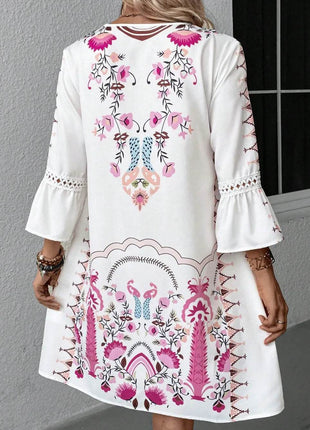 Lace Detail Printed Three-Quarter Sleeve Dress - MimiStylez