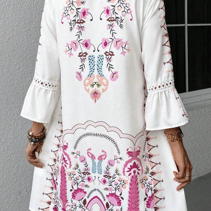 Lace Detail Printed Three-Quarter Sleeve Dress - MimiStylez