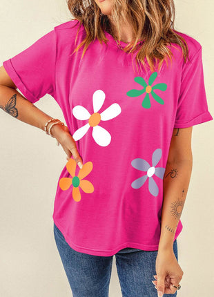 Flower Round Neck Short Sleeve T-Shirt - MimiStylez