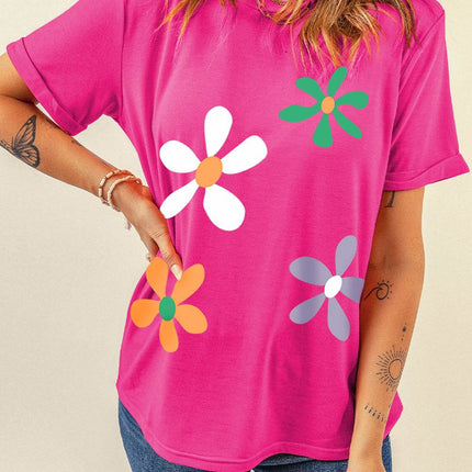 Flower Round Neck Short Sleeve T-Shirt - MimiStylez