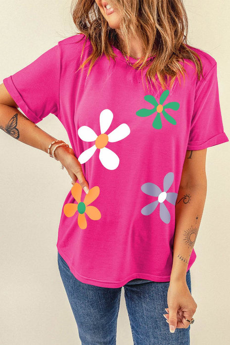Flower Round Neck Short Sleeve T-Shirt - MimiStylez