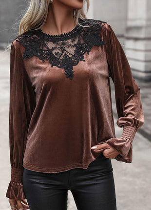 Lace Detail Round Neck Smocked Flounce Sleeve Blouse - MimiStylez