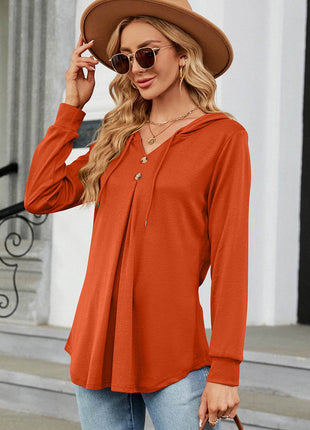 Decorative Button Drawstring Long Sleeve Hoodie - MimiStylez