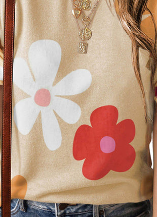 Flower Round Neck Short Sleeve Blouse - MimiStylez