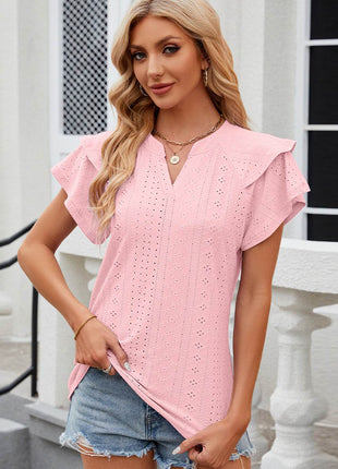 Eyelet Notched Flutter Sleeve T-Shirt - MimiStylez
