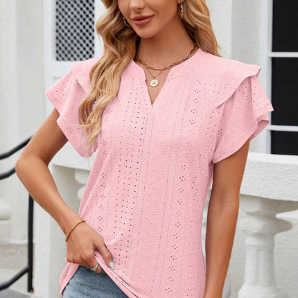 Eyelet Notched Flutter Sleeve T-Shirt - MimiStylez