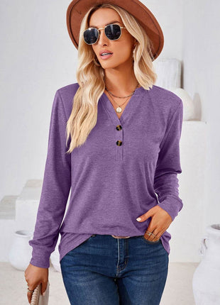 V-Neck Buttoned Long Sleeve Blouse - MimiStylez