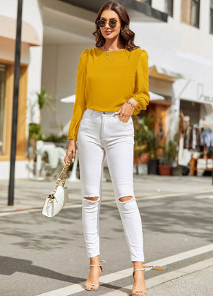 Round Neck Long Sleeve Blouse - MimiStylez
