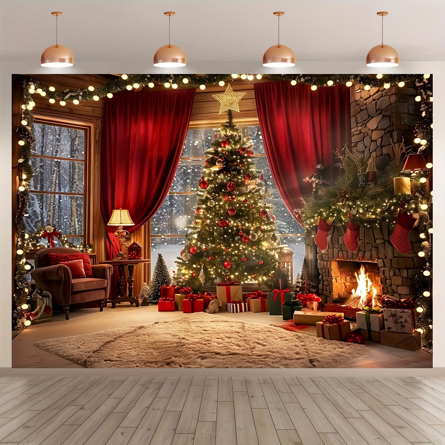 1pc Festive Christmas Tree & Fireplace Polyester Backdrop for Holiday Photography and Party Decoration - Multifunctional Banner Without Electricity, Suitable for Various Occasions