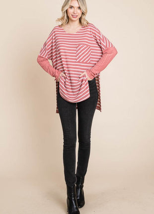 Culture Code Oversize Striped Round Neck Long Sleeve Slit T-Shirt - MimiStylez