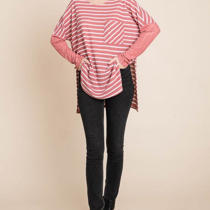 Culture Code Oversize Striped Round Neck Long Sleeve Slit T-Shirt - MimiStylez