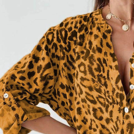Full Size Leopard Print Roll-Tab Sleeves Blouse Plus Size - MimiStylez