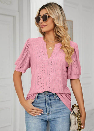 Eyelet Short Puff Sleeve Notched Neck Top - MimiStylez
