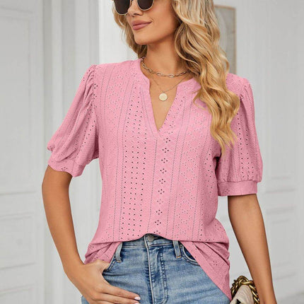 Eyelet Short Puff Sleeve Notched Neck Top - MimiStylez
