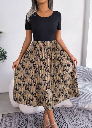 Printed Round Neck Pleated Dress - MimiStylez