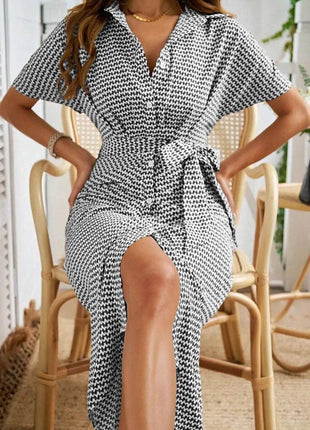 Devine Collared Neck Short Sleeve Midi Shirt Dress - MimiStylez