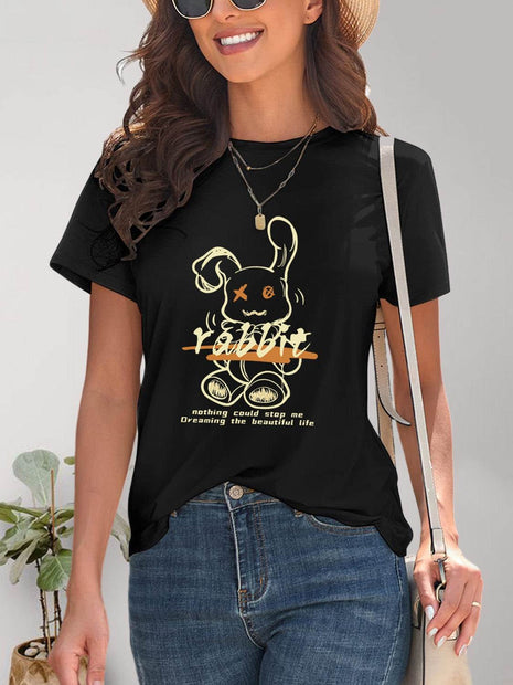 Rabbit Graphic Round Neck Short Sleeve T-Shirt - MimiStylez