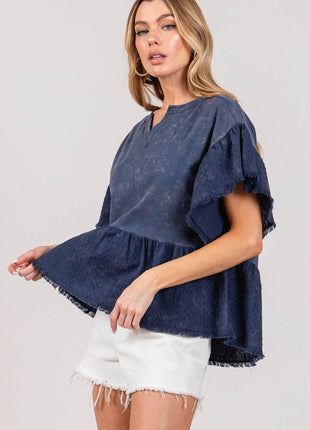 SAGE + FIG Ruffle Sleeve Washed Short Sleeve Blouse - MimiStylez