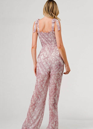 GeeGee Printed Tie Shoulder Wide Leg Jumpsuit - MimiStylez