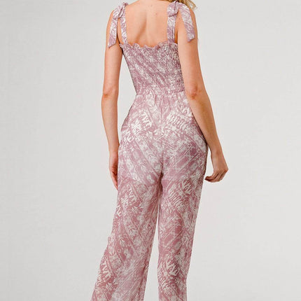 GeeGee Printed Tie Shoulder Wide Leg Jumpsuit - MimiStylez