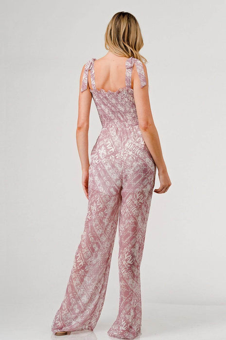 GeeGee Printed Tie Shoulder Wide Leg Jumpsuit - MimiStylez