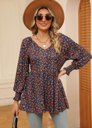 Printed V-Neck Lantern Sleeve Blouse - MimiStylez