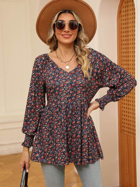 Printed V-Neck Lantern Sleeve Blouse - MimiStylez