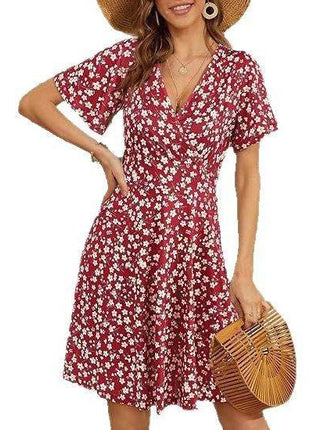 V-neck A Line Mid-length Dress Printing - MimiStylez