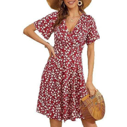 V-neck A Line Mid-length Dress Printing - MimiStylez