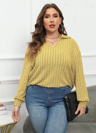 Plus Size Ribbed Collared Neck Long Sleeve Blouse - MimiStylez