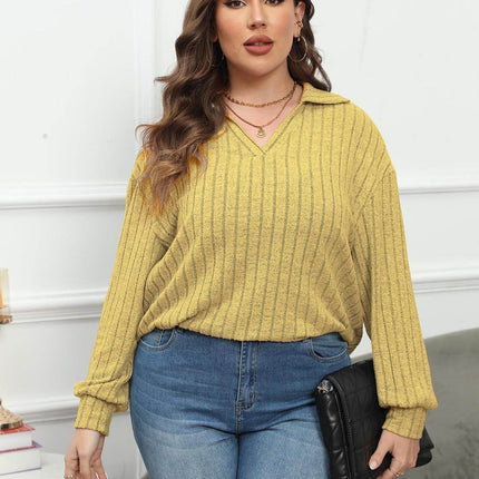 Plus Size Ribbed Collared Neck Long Sleeve Blouse - MimiStylez