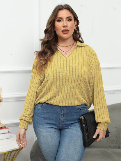 Plus Size Ribbed Collared Neck Long Sleeve Blouse - MimiStylez