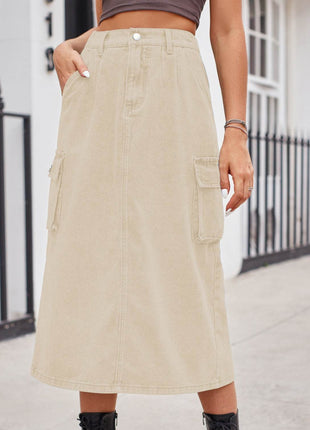 Slit Buttoned Denim Skirt with Pockets - MimiStylez